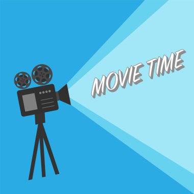 Film zamanı posteri. Klasik sinema projektörü, ev sineması ve retro kamera vektör illüstrasyonu. Film zamanı posteri. Klasik sinema projektörü, ev