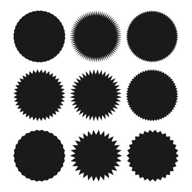 Yıldız patlaması etiketi hazır. Siyah düz fiyat etiketleri, patlama siluetleri, yıldız patlaması satış rozeti. Vektör çizimi. Yıldız boş etiketi, beyaz etiketler