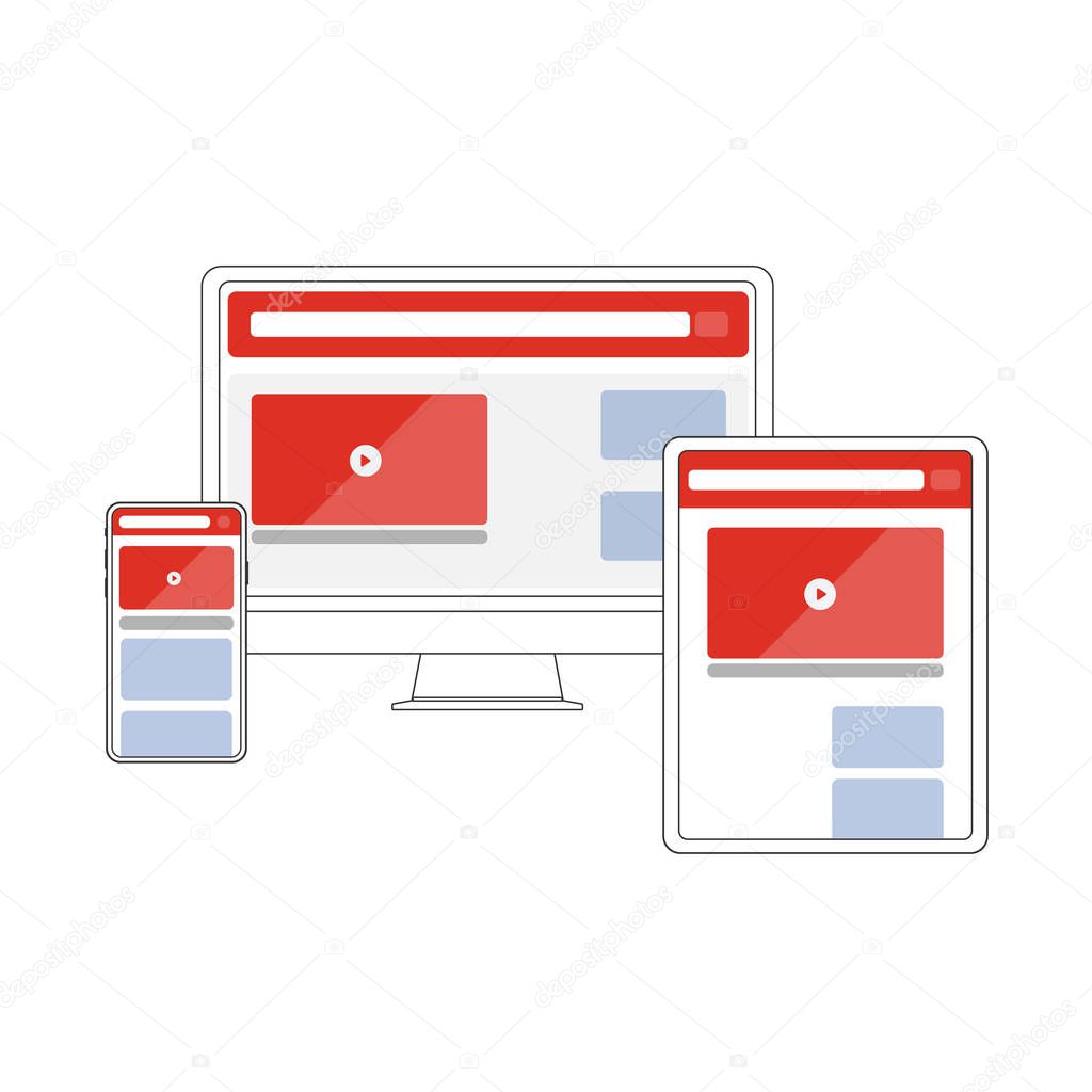 Responsive Website Design With Laptop Computer, Mobile Phone and Tablet PC Screen Vector Illustration. eps 10