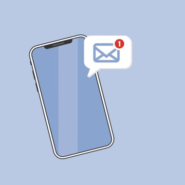 Okunmamış e- posta bildirimi. Akıllı telefon ekranında yeni mesaj var. Vektör çizimi. Sarı e-posta uyarısı. Renkli olarak izole edilmiş.