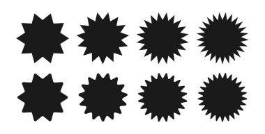 Yıldız patlaması etiketi hazır. Siyah düz fiyat etiketleri, patlama siluetleri, yıldız patlaması satış rozeti. Vektör çizimi. Yıldız boş etiketi, çıkartmalar amblem