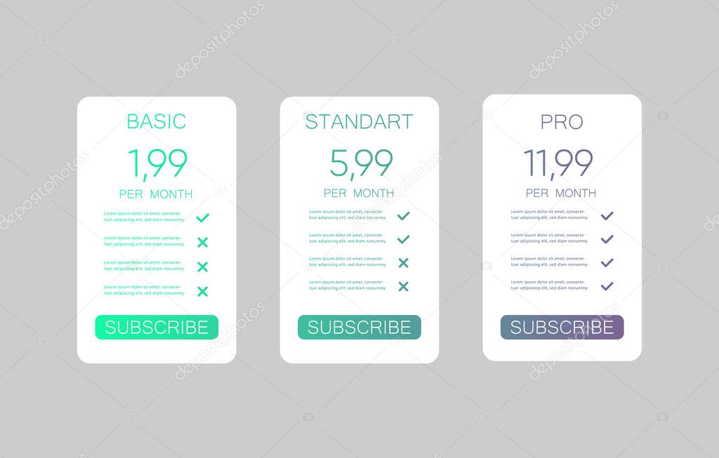 Comparison pricing list. Comparing price or product plan chart. Services cost table vector infographics template.