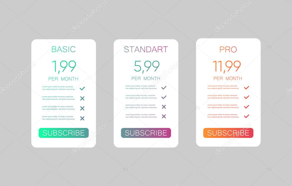 Comparison pricing list. Comparing price or product plan chart. Services cost table vector infographics template.