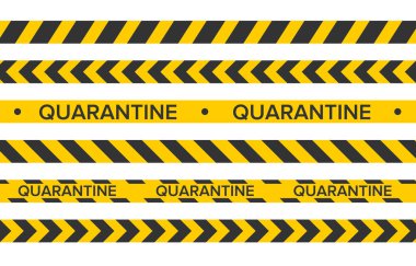 Salgın durdu. Coronavirus covid-19 2019-nCoV. Siyah ve sarı çizgiler ayarlandı. Uyarı kasetleri. Tehlike. Karantina biyolojik tehlike işareti. Dikkat, Uyarı ya da Corona virüsü konseptini durdur. Vektör