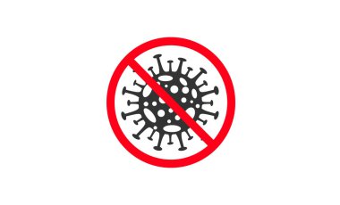 Covid-19, 2019-NCoV. Coronavirus covid 19, 2019 nCoV uyarısı. Roman virüsünün üstü kırmızı DUR işareti ile çizilmiş. Tehlikeli hücrelerle birlikte korona virüsü salgını tıbbi konseptini durdur. Vektör illüstrasyonu
