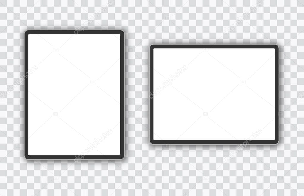 Horizontal and vertical black tablet computer mockup isolated on white background - front view. Vector illustration