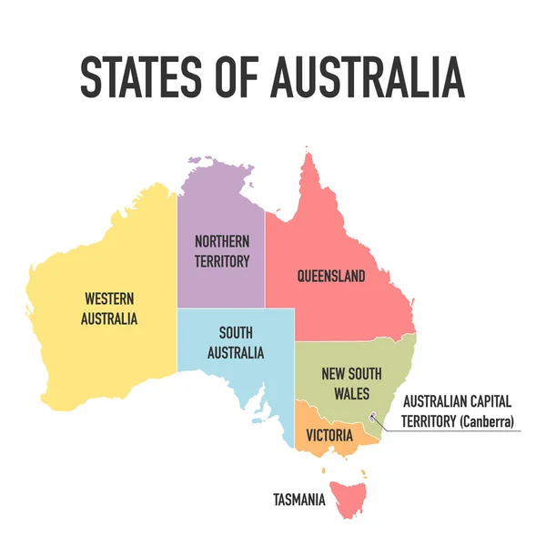 Australia mappa, nuova mappa politica dettagliata, singoli stati separati, con nomi di stato, isolati su sfondo bianco — Vettoriale Stock