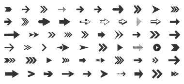 Oklar büyük siyah set simgeleri. Ok simgesi. Ok vektör koleksiyonu. Ok at. İmleç. Modern basit oklar. Vektör illüstrasyonu