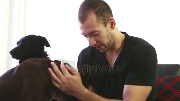 Jongeman, drinken koffie op de bank terwijl peting honden — Stockvideo