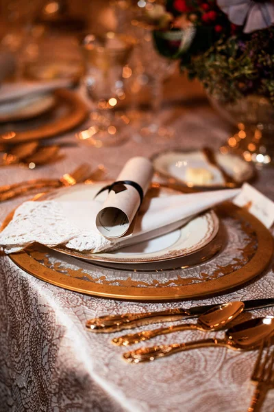 Luxury Diner Set Fancy Ballroom Golden Cutlery Stock Image