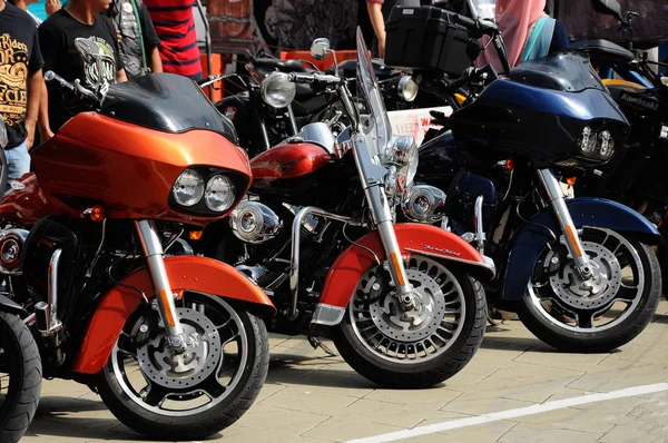 Vários modelo de motocicleta de Harley-Davidson cavaleiro fácil estacionamento em área aberta. — Fotografia de Stock