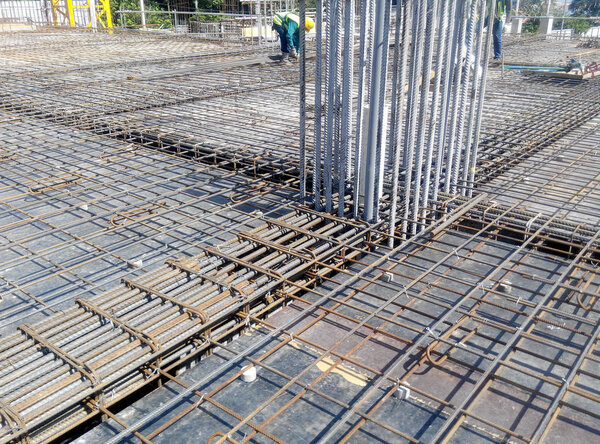 KUALA LUMPUR, MALAYSIA -JANUARY 18, 2017: Steel reinforcement bar at the construction site. It uses to strengthen concrete. It is shaped follow the engineering design and tied together using tiny wire. 