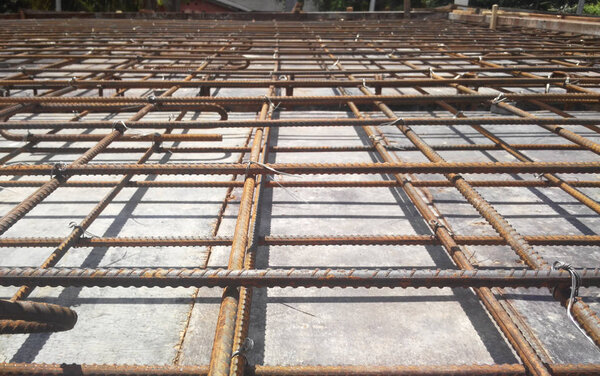 KUALA LUMPUR, MALAYSIA -JANUARY 18, 2017: Steel reinforcement bar at the construction site. It uses to strengthen concrete. It is shaped follow the engineering design and tied together using tiny wire. 