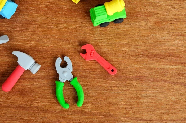 Miniaturní Model Stavebních Nástrojů Obojí Vyrobený Syntetického Kaučuku Pozadí Textury — Stock fotografie