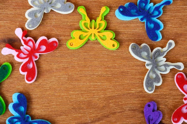 Images Butterflies Made Colorful Felt Fabrics Isolated Wood Grain Texture — Stock Photo, Image
