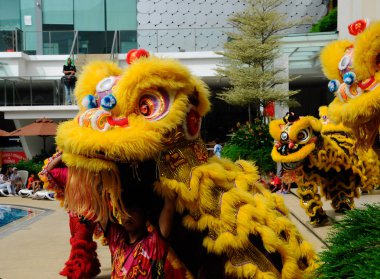 SEREMBAN, MALAYSIA - 2 Şubat 2017: Çin aslan maskesi veya aslan kafası Çin Yeni Yıl Festivali sırasında Seremban, Malezya 'da aslan dansı yaptı.