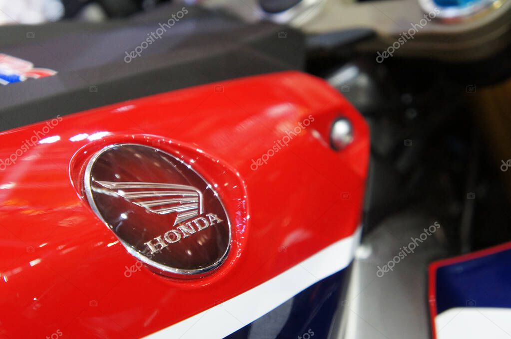 KUALA LUMPUR, MALAYSIA -NOVEMBER 04, 2019: Honda motorcycle brand and logos emblem at the motorcycle body. Honda is one of the famous motorcycles manufactures in the world from Japan.