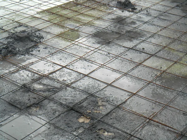Mokrý Beton Nalil Ocelovou Výztužnou Tyč Vytvořil Silné Podlahové Desky — Stock fotografie