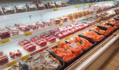 Kuala Lumpur, Malezya - 16 Temmuz 2019: Sebzeler plastik bir kap ve plastik ambalajın içinde. Süpermarketteki soğutucu rafında sergilendi. 