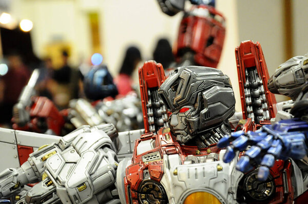 KUALA LUMPUR, MALAYSIA -APRIL 07, 2018: Starscream action figure of the fictional character in the Transformers franchise. Antagonist character from the Decepticon team. Display for pubic by action figure collector.   