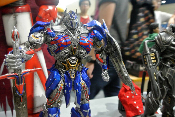 KUALA LUMPUR, MALAYSIA -APRIL 07, 2018:  Fictional character Optimus Prime action figure in the Transformers franchise. Protagonist character from the Autobots team. Display for pubic by action figures collector.   