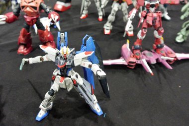KUALA LUMPUR, MALAYSIA -NOVEMBER 26, 2017: Mobile Suit Gundam action figure model and toys. The characters of the fictional Gundam universe by Gunpla & Bandai.