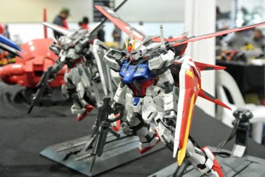 KUALA LUMPUR, MALAYSIA -NOVEMBER 26, 2017: Mobile Suit Gundam action figure model and toys. The characters of the fictional Gundam universe by Gunpla & Bandai.
