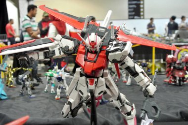 KUALA LUMPUR, MALAYSIA -NOVEMBER 26, 2017: Mobile Suit Gundam action figure model and toys. The characters of the fictional Gundam universe by Gunpla & Bandai.