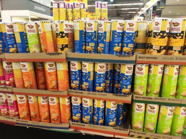 KUALA LUMPUR, MALAYSIA -FEBRUARY 17, 2020: Potato chips or potato chips form Mr Potato brands in commercial pacaging. Display for sale to customer in the supermarket. 