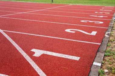 KUALA LUMPUR, MALAYSIA -APRIL 27, 2019: Outdoor running track or athlete track. Orange brick color.  