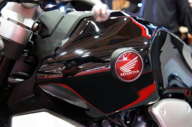 KUALA LUMPUR, MALAYSIA -NOVEMBER 04, 2019: Honda motorcycle and logos emblem at the motorcycle body. Honda is one of the famous motorcycles manufactures in the world from Japan.   