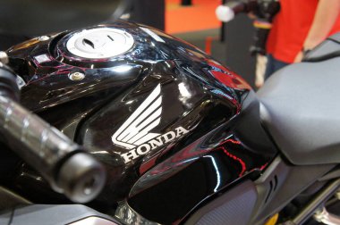 KUALA LUMPUR, MALAYSIA -NOVEMBER 04, 2019: Honda motorcycle and logos emblem at the motorcycle body. Honda is one of the famous motorcycles manufactures in the world from Japan.   