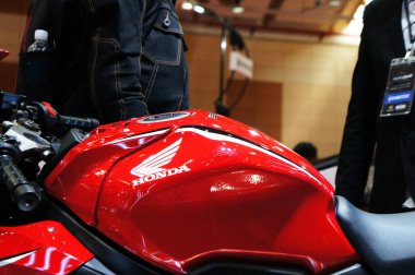 KUALA LUMPUR, MALAYSIA -NOVEMBER 04, 2019: Honda motorcycle and logos emblem at the motorcycle body. Honda is one of the famous motorcycles manufactures in the world from Japan.   
