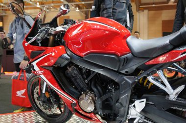 KUALA LUMPUR, MALAYSIA -NOVEMBER 04, 2019: Honda motorcycle and logos emblem at the motorcycle body. Honda is one of the famous motorcycles manufactures in the world from Japan.   