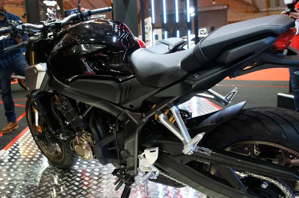 KUALA LUMPUR, MALAYSIA -NOVEMBER 04, 2019: Honda motorcycle and logos emblem at the motorcycle body. Honda is one of the famous motorcycles manufactures in the world from Japan.   