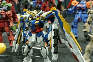 KUALA LUMPUR, MALAYSIA -NOVEMBER 26, 2017: Mobile Suit Gundam action figure model and toys. The characters of the fictional Gundam universe by Gunpla & Bandai.