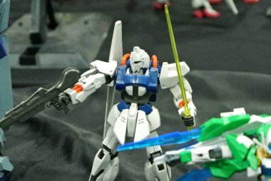 KUALA LUMPUR, MALAYSIA -NOVEMBER 26, 2017: Mobile Suit Gundam action figure model and toys. The characters of the fictional Gundam universe by Gunpla & Bandai.