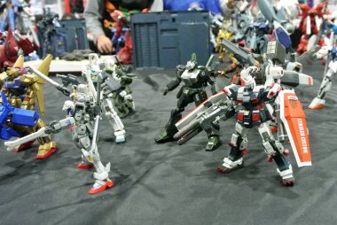 KUALA LUMPUR, MALAYSIA -NOVEMBER 26, 2017: Mobile Suit Gundam action figure model and toys. The characters of the fictional Gundam universe by Gunpla & Bandai.