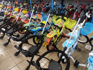 NILAI, MALAYSIA -MARCH 5, 2020: Various types of bikes are on display in the store. Kids bike to an adult bike.