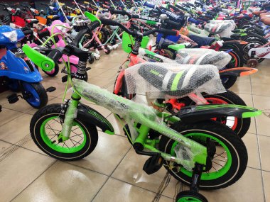 NILAI, MALAYSIA -MARCH 5, 2020: Various types of bikes are on display in the store. Kids bike to an adult bike.