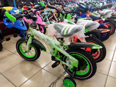 NILAI, MALAYSIA -MARCH 5, 2020: Various types of bikes are on display in the store. Kids bike to an adult bike.