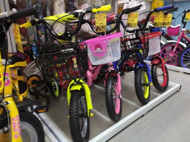 NILAI, MALAYSIA -MARCH 5, 2020: Various types of bikes are on display in the store. Kids bike to an adult bike.
