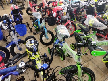 NILAI, MALAYSIA -MARCH 5, 2020: Various types of bikes are on display in the store. Kids bike to an adult bike.