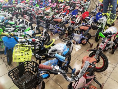 NILAI, MALAYSIA -MARCH 5, 2020: Various types of bikes are on display in the store. Kids bike to an adult bike.
