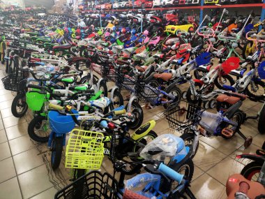 NILAI, MALAYSIA -MARCH 5, 2020: Various types of bikes are on display in the store. Kids bike to an adult bike.