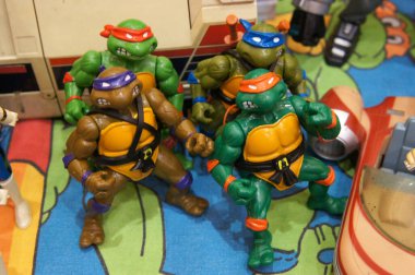 KUALA LUMPUR, MALAYSIA -MARCH 15, 2020: Selected focused of classic fictional action figure character TEENAGE MUTANT NINJA TURTLE. Displayed by the collector on the desk for the public. 
