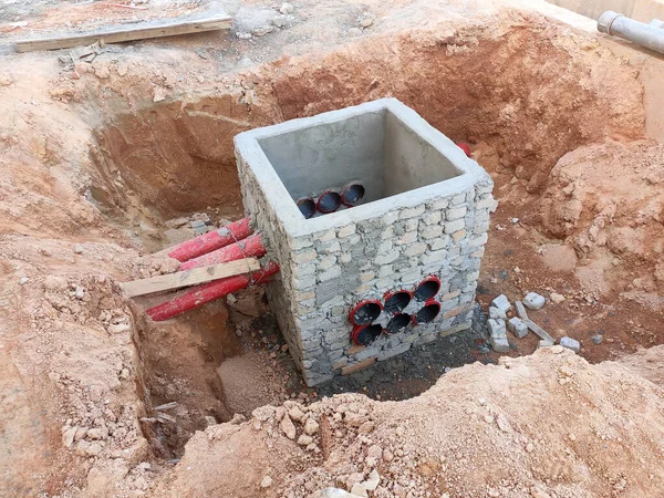 Serviços Utilidade Pública Bueiro Construção Canteiro Obras Construção Situ Por — Fotografia de Stock