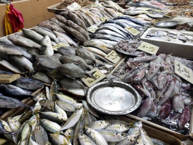 Balık pazarında çeşitli balık türleri satışta sergilenmektedir. Balık türleri ve fiyatlarıyla etiketlenmiş.