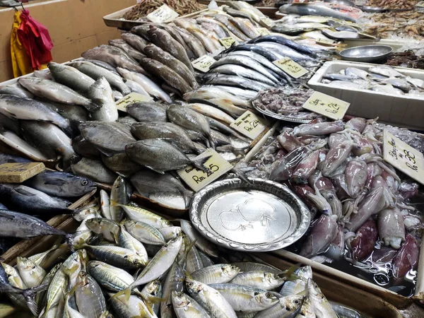 Various types of fish in the fish market are displayed for sale. Labelled with fish species and prices.