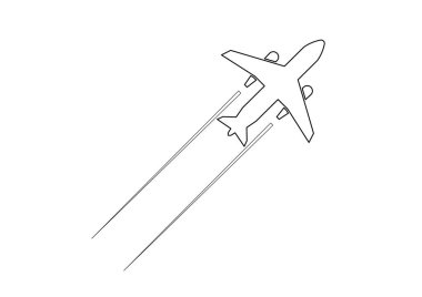 Uçan uçağın grafiksel görüntüsü CAD çiziminde çizildi. Siyah beyaz tek çizgi çiziyor..   